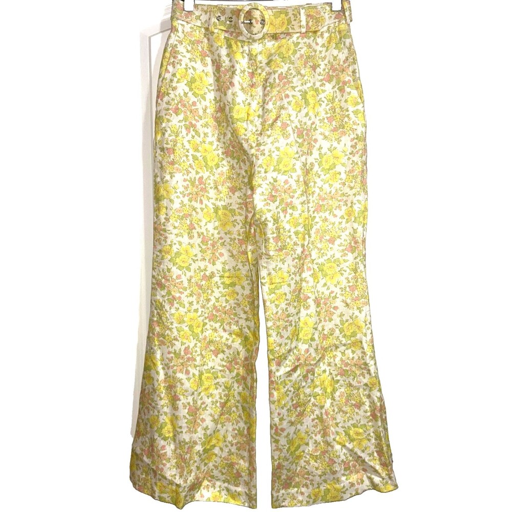 ZIMMERMANN Goldie Women’s Linen Belted Floral Wide Leg Pants size 1/S - Picture 2 of 7
